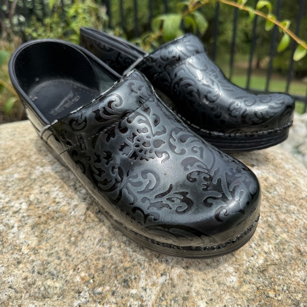 Dansko Women's Professional Black Floral Embossed Leather Clogs Size 8.5 US 39